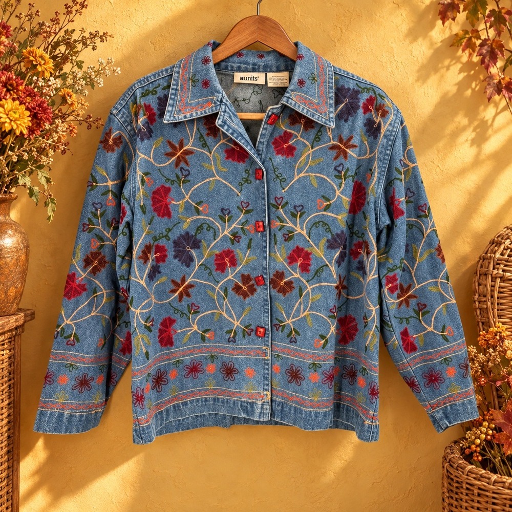 vintage Units Denim Jacket Floral Embroidered Button Front Size Small Blue Boho